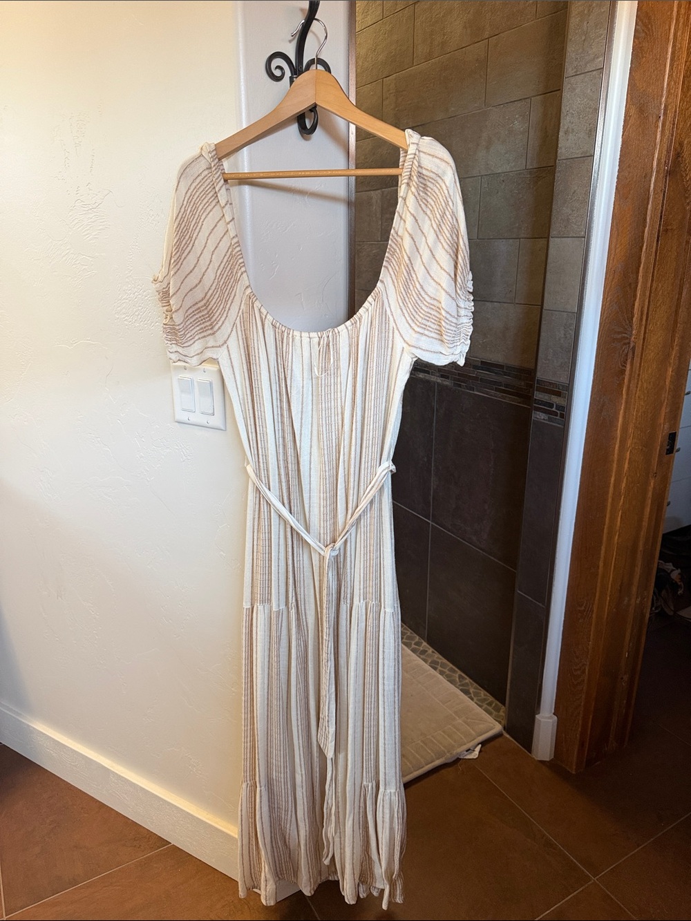 lovestitch Cream and Tan Striped Maxi Dress with Puff Sleeves